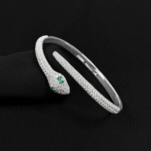 Elegant Snake-Inspired Cubic Zirconia Bangle Bracelet with Green Eyes